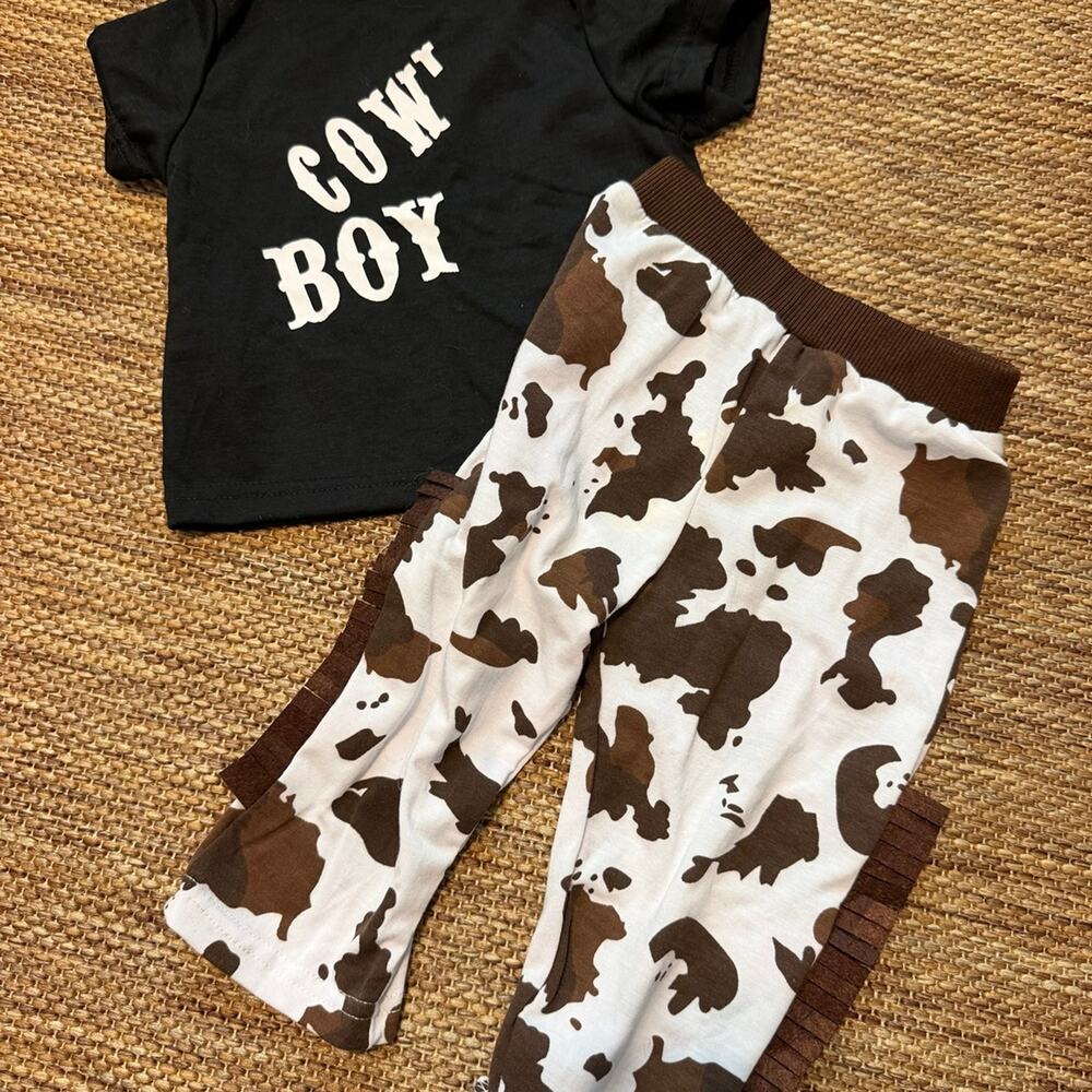 Baby Boys 6-9M Cow Print Pants Cowboy T-Shirt Western Outfit Set